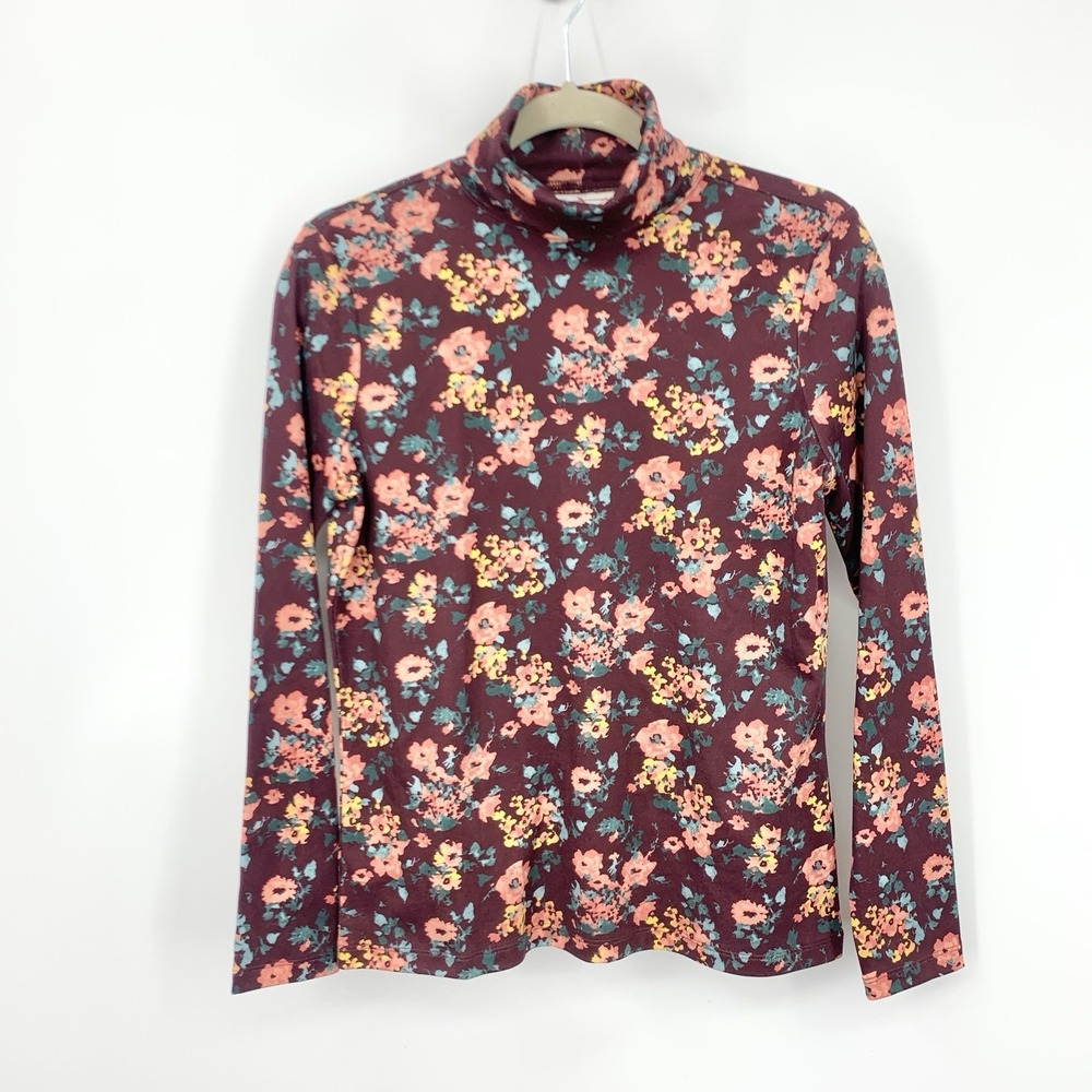 LL Bean Women Size Small Shirt Turtleneck Pima Cotton Top Purple Pink‎ Floral